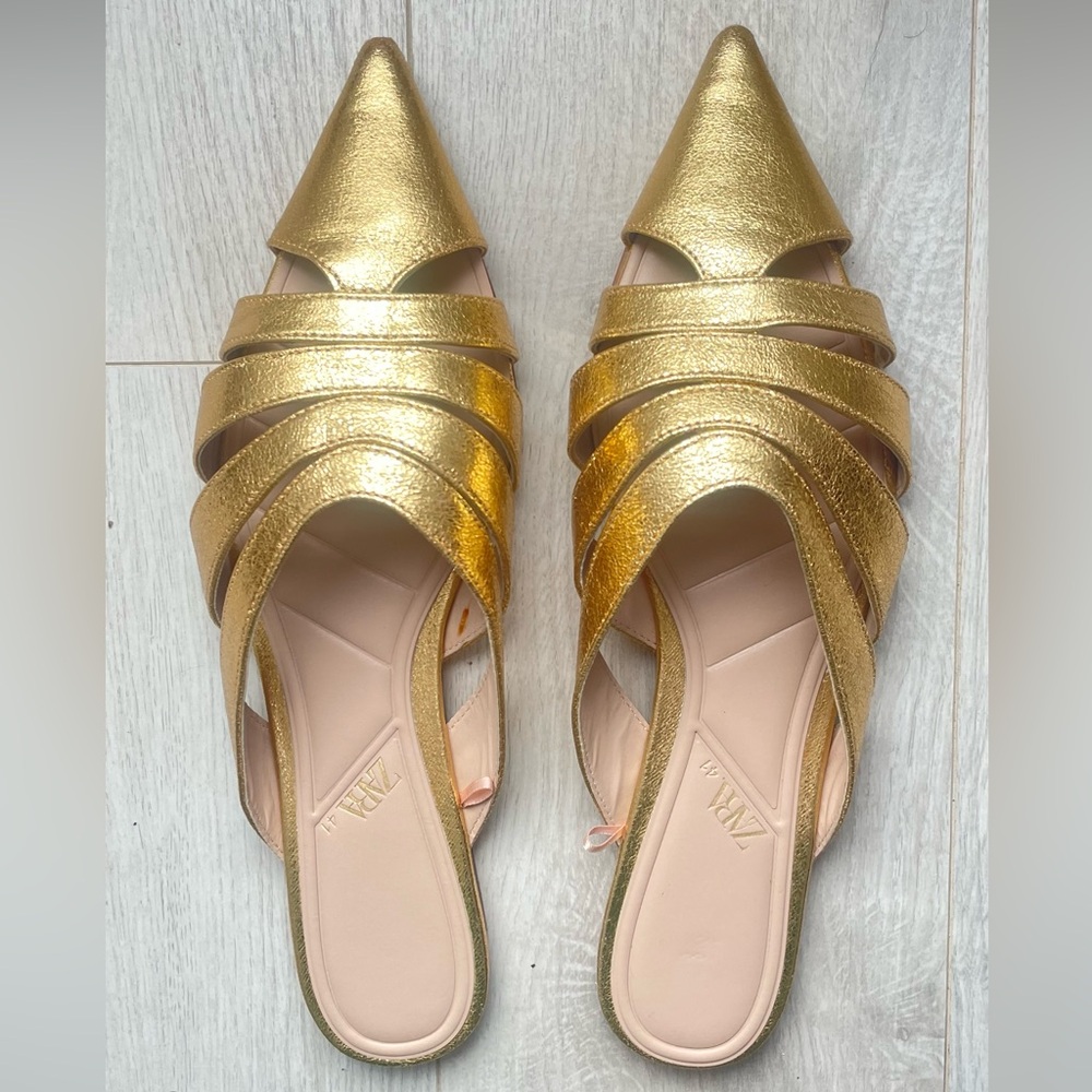 Zara Metallic Gold Pointed Mules